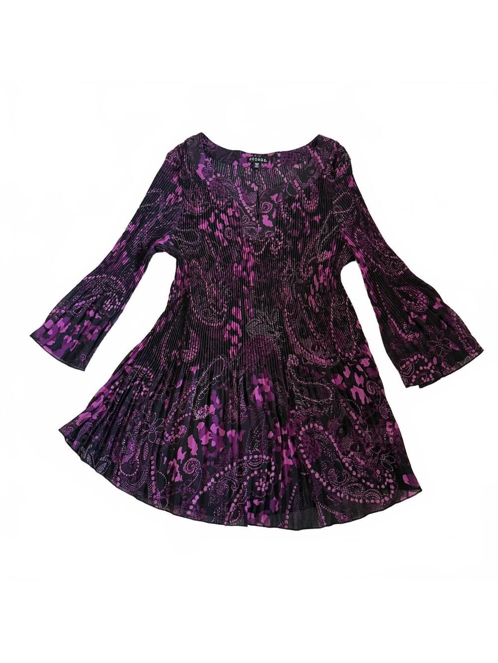 George Women's 1X 16W Purple Paisley Print Pleated Top Whimsical Practical Magic